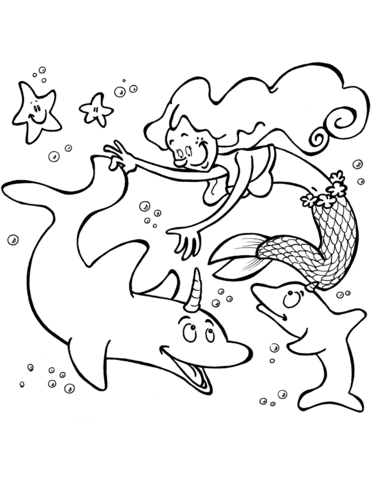 Mermaid With Unicorn Dolphins Coloring Page